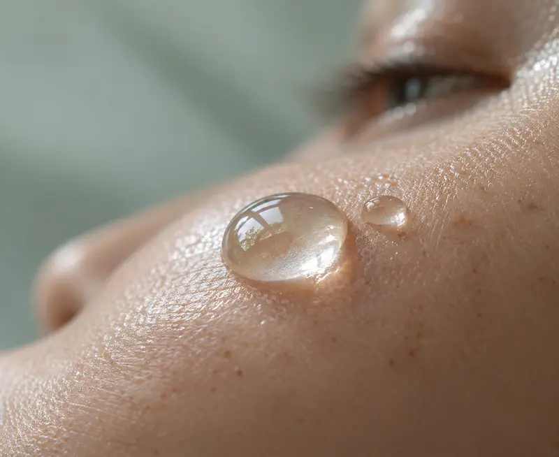 Makroaufnahme eines transparenten Serumtropfens auf glatter Haut