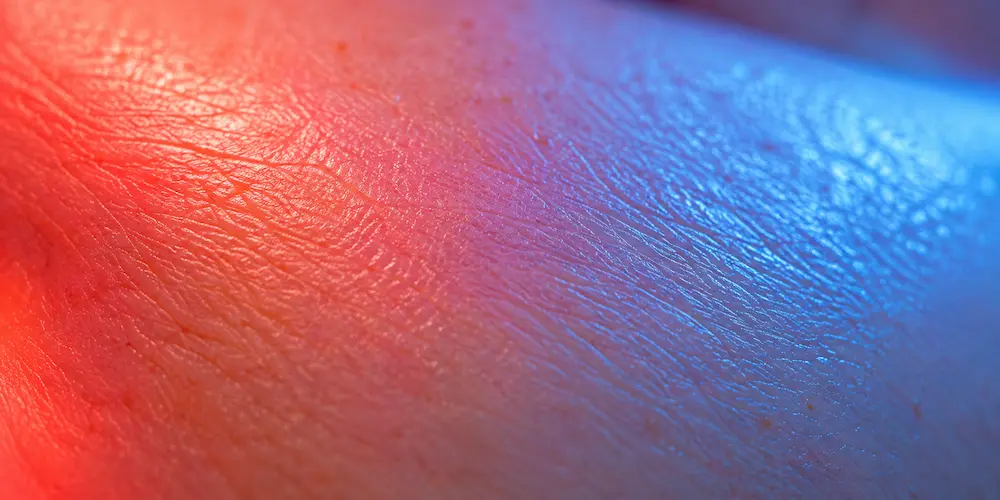 Rotes und blaues Licht als weiche Farbverläufe auf einer Hautfläche